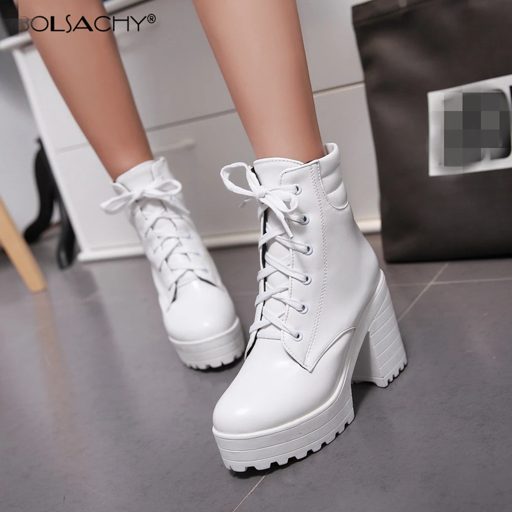 

Autumn Winter Platform Lace Up Ankle Boots Women Round Toe Shoes Ladies High Heel Fashion Size 33-43 Square Heels White Black