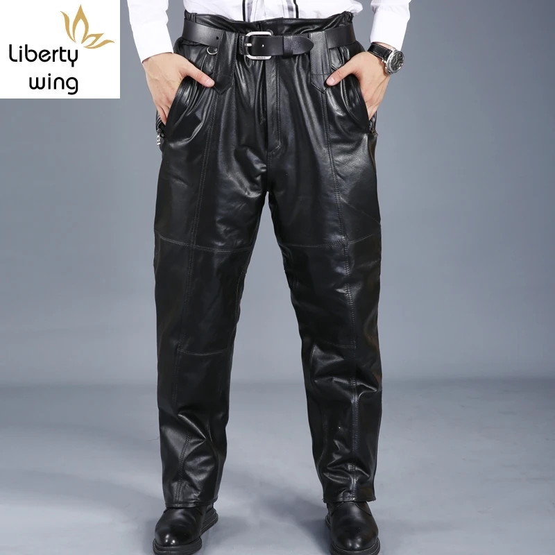 

New Fashion Mens Genuine Leather Cow Fur Lining Long Pants Male Trousers Pantalon Pantacourt Homme Winter Plus Size