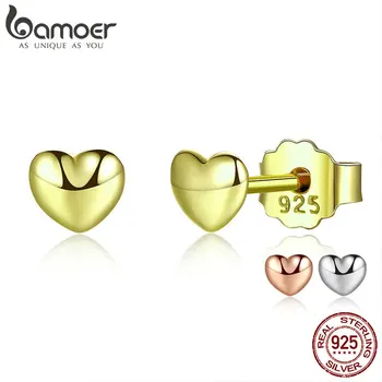 

BAMOER Genuine 100% 925 Sterling Silver 3 Colors Small Heart Stud Earrings for Women Sterling Silver Jewelry Gift PAS440-GD