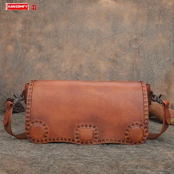 

2020 New Fashion Vintage Leather Women Bag Horizontal Section Female Small Square Shoulder Messenger Bags Cowhide Leather Flap