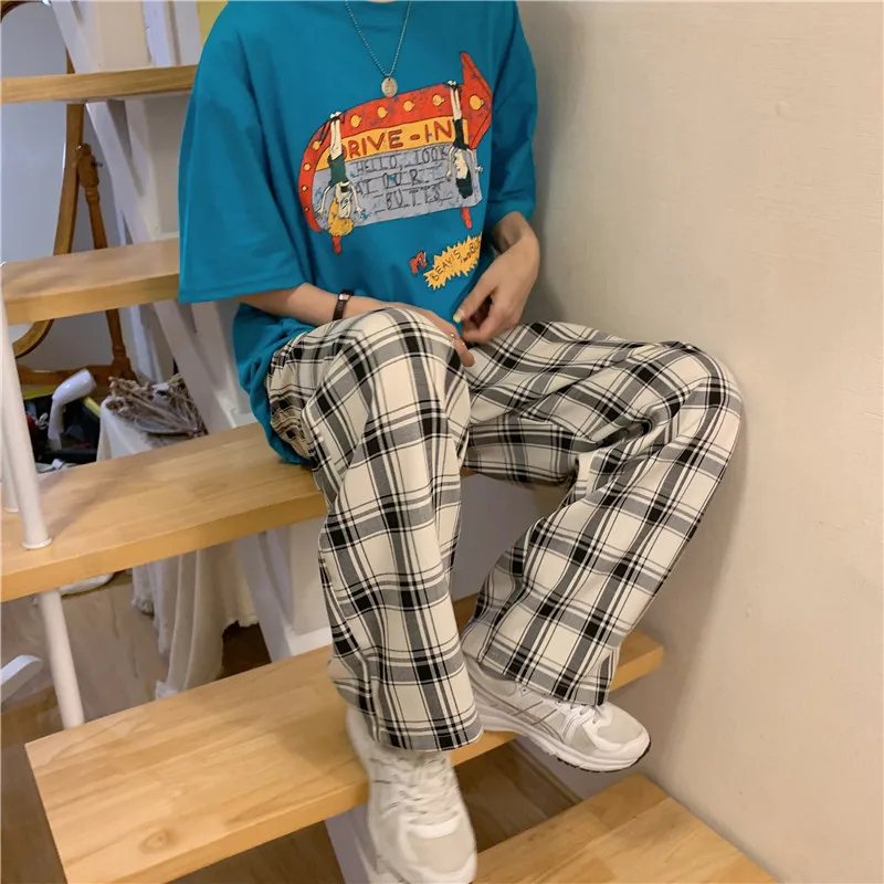 

HOUZHOU Wide Leg Pants Women 2020 Summer Plaid Pants for Women Casual Harajuku Pants Korean Style High Waist Trousers Women