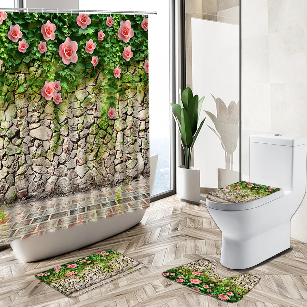 

Retro Vintage Stone Brick Wall Shower Curtain Plant Flower Vine Spring Scenery Non-Slip Rug Toilet Cover Bath Mat Bathroom Set