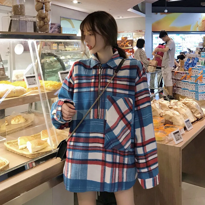 Осенняя женская одежда, стиль, корейский стиль, модное шерстяное клетчатое пальто средней длины, студенческая мода, на молнии, с длинными рукавами