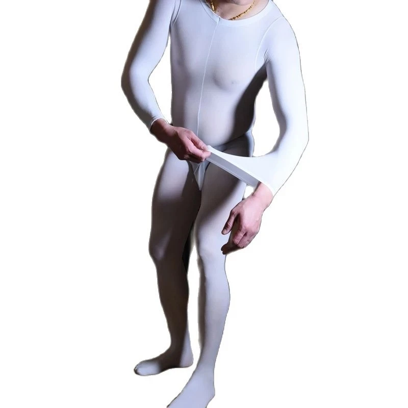 Men Velvet Jumpsuit 120D Nylons Tights Bodystocking Open Crotch Penis Sheath Convex Pouch Pantyhose Stocking Super Soft Bodysuit