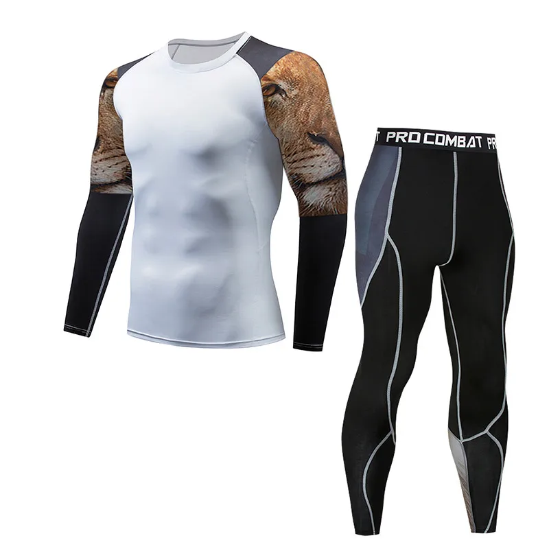 Мужской спортивный комплект для бега, сжатая футболка с длинным рукавом+ штаны, плотный длинный рукав, Рашгард для фитнеса, ММА, тренировочный костюм, одежда для йоги