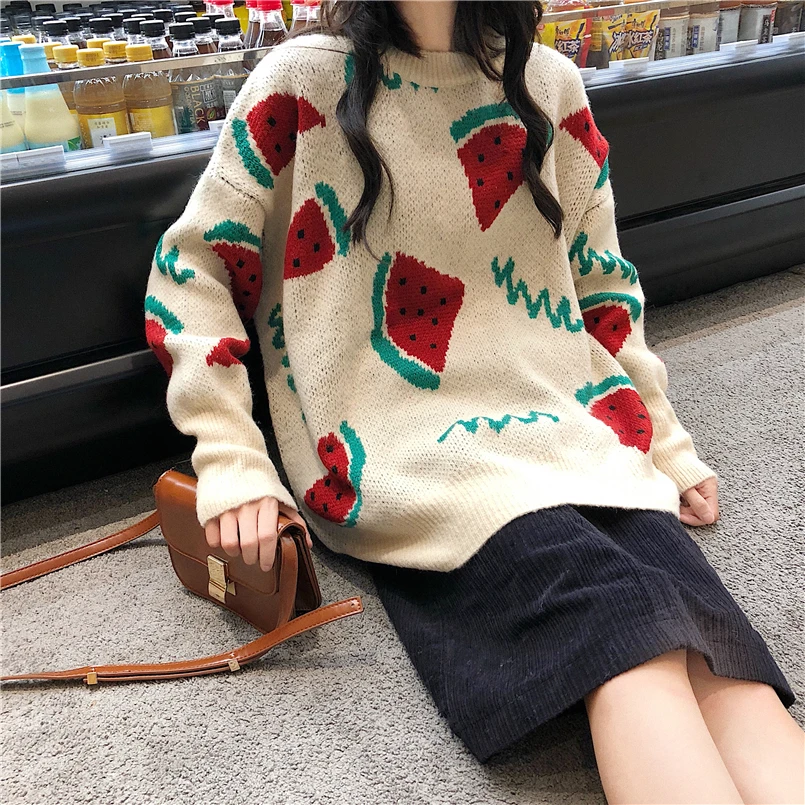 Korean Joker Loose Sweater Fruit jacquard Thicken knit Sweater Women Autumn& Winter splice Long Sleeve Roung Collar Tops