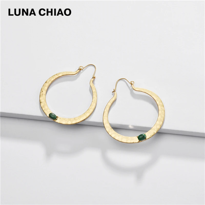 LUNA CHIAO модные ювелирные изделия молотые металлические серьги-обруч натуральный овальный камень массивные серьги - Окраска металла: green