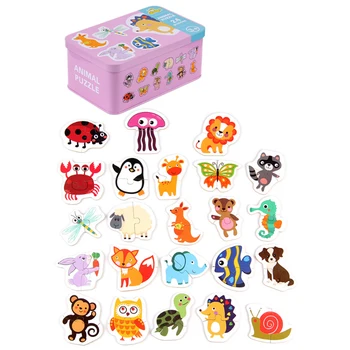 

Age 3+ Children Wooden Puzzle Intelligence Development Puzzle Toys with Iron Box - Animal Type /Traffic Type Christmas