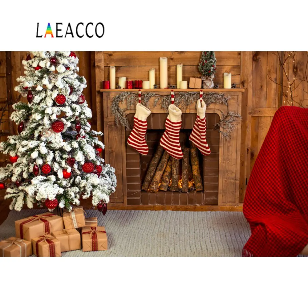 Laeacco Merry Christmas Tree Ball Gift Star Pillow Window Rural House Baby Child Portrait Photo Backgrounds Photography Backdrop