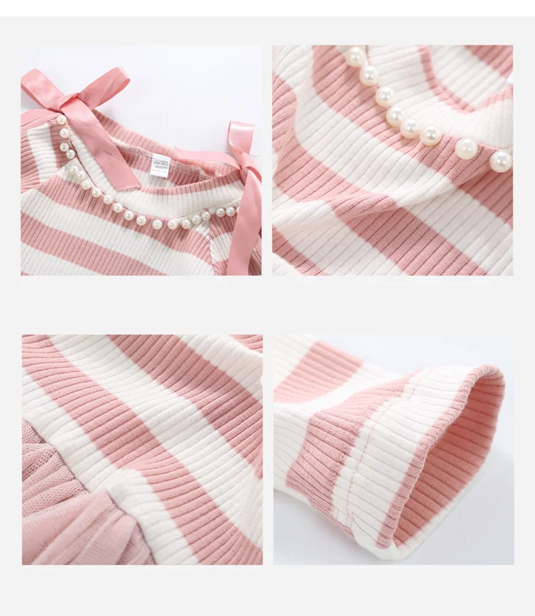 2020 Big Girls Casual Cotton Dress Little Kids Stripe Long Sleeve Mesh Dress Children School Clothes for 5 6 7 8 9 10 11 12 year (5)