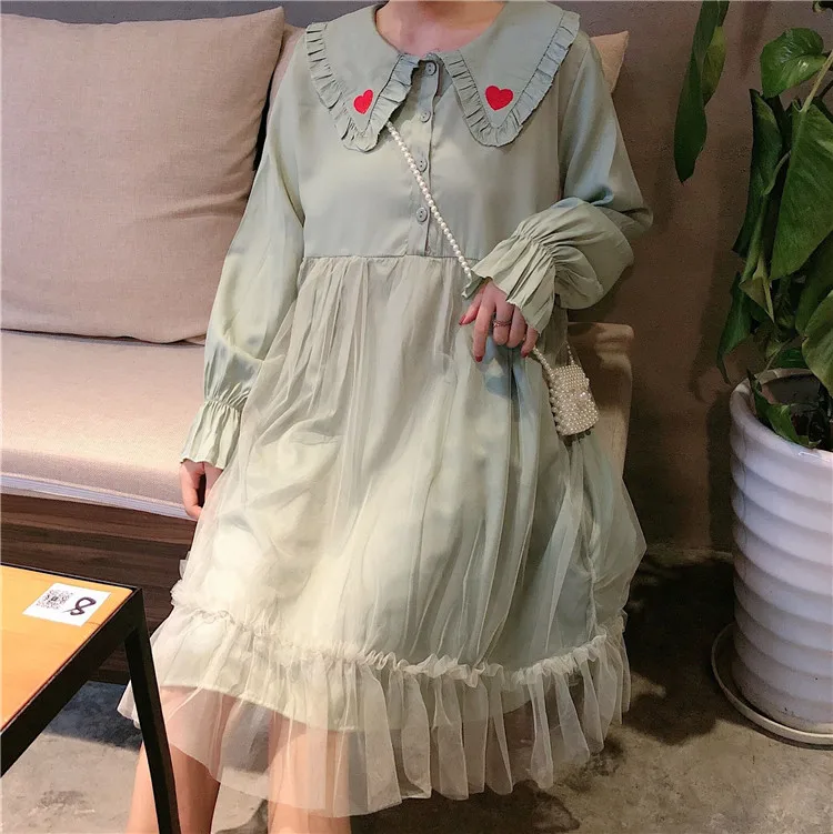 Японское милое женское белое платье, кукольный воротник, милое платье с длинным рукавом для девочек, Kawaii, с вышивкой в виде сердца, короткое Сетчатое зеленое платье принцессы