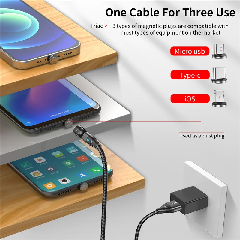 USLION 540 Rotate 5A Magnetic Cable Fast Charging For Mobile Phone Magnet Charger Wire Cord Micro Type C Cable For iPhone Xiaomi images - 6