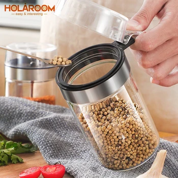 

Holaroom Seasoning Pot Glass Bottle Salt Pepper Sugar Flavoring Container Condiment Storage Box With PP Lid Kitchen Supplies