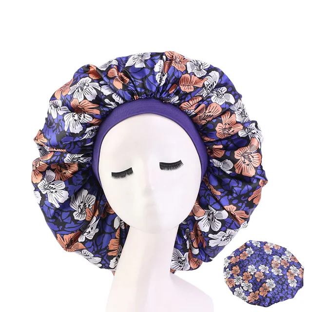 New Women Big Size Beauty print Satin Silky Bonnet Sleep Night Cap Head Cover Bonnet Hat for For Curly Springy Hair Black 408C Khaki white