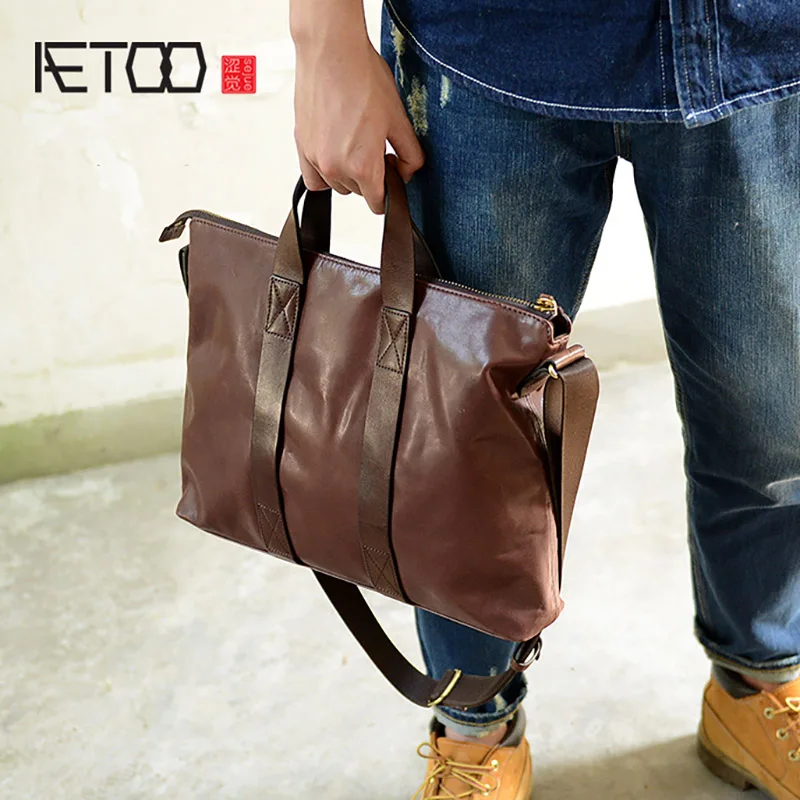 

BJYL Handmade calf leather briefcase, leather cowhide briefcase, leather one-shoulder business bag