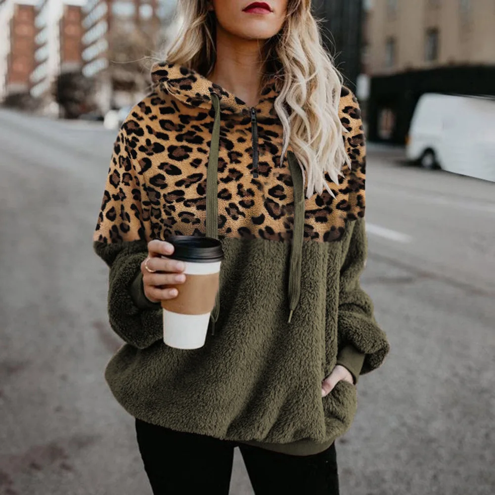  Wontive Autumn Winter Fluffy Oversized Hoodie Leopard Fleece Casual Plus Size Sweatshirt Women Pull