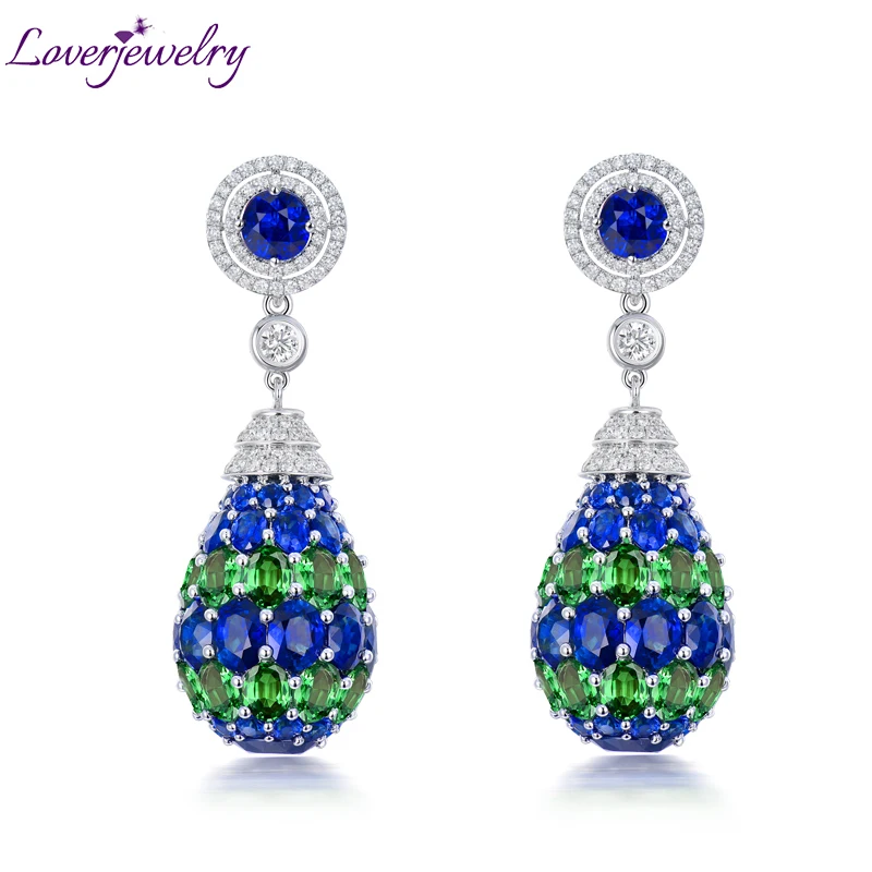 LOVERJEWELRY роскошные ювелирные изделия 18 карат белое золото синий сапфир висячие
