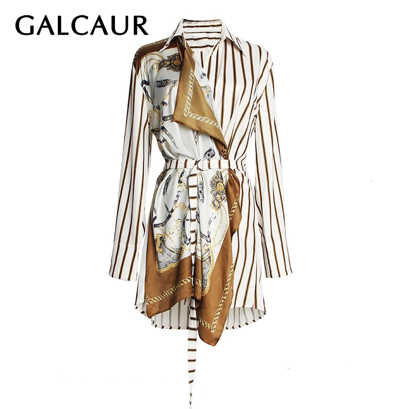 

GALCAUR Print Patchwork shirt Women Lapel Collar Long Sleeve Lace Up Asymmetrical Shirt Tops Female Fashion Clothing 2019 New