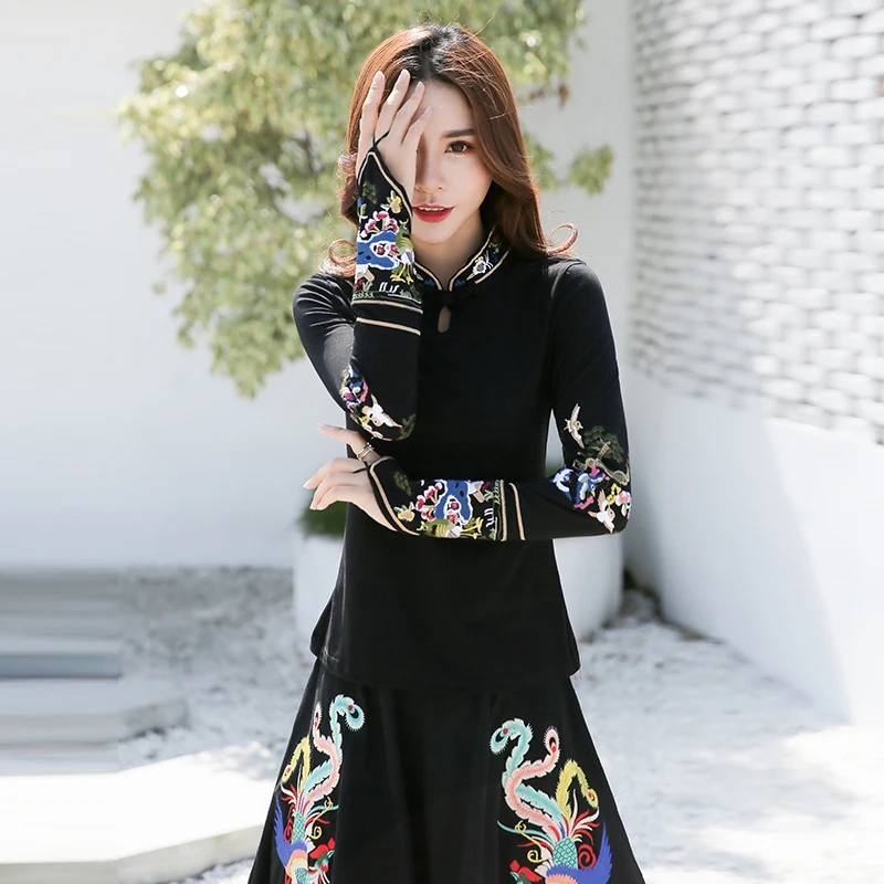 KYQIAO традиционная китайская рубашка Женская этническая мандарин воротник с длинным рукавом Черная Вышивка Блузка Топы косплей костюмы