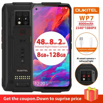 Перейти на Алиэкспресс и купить Смартфон OUKITEL WP7, 8 ГБ, 128 ГБ, 8000 мАч, быстрая зарядка, 4,0, 6,53 дюйма, инфракрасное ночное видение, тройная камера 48 МП, прочный мобильный телефон