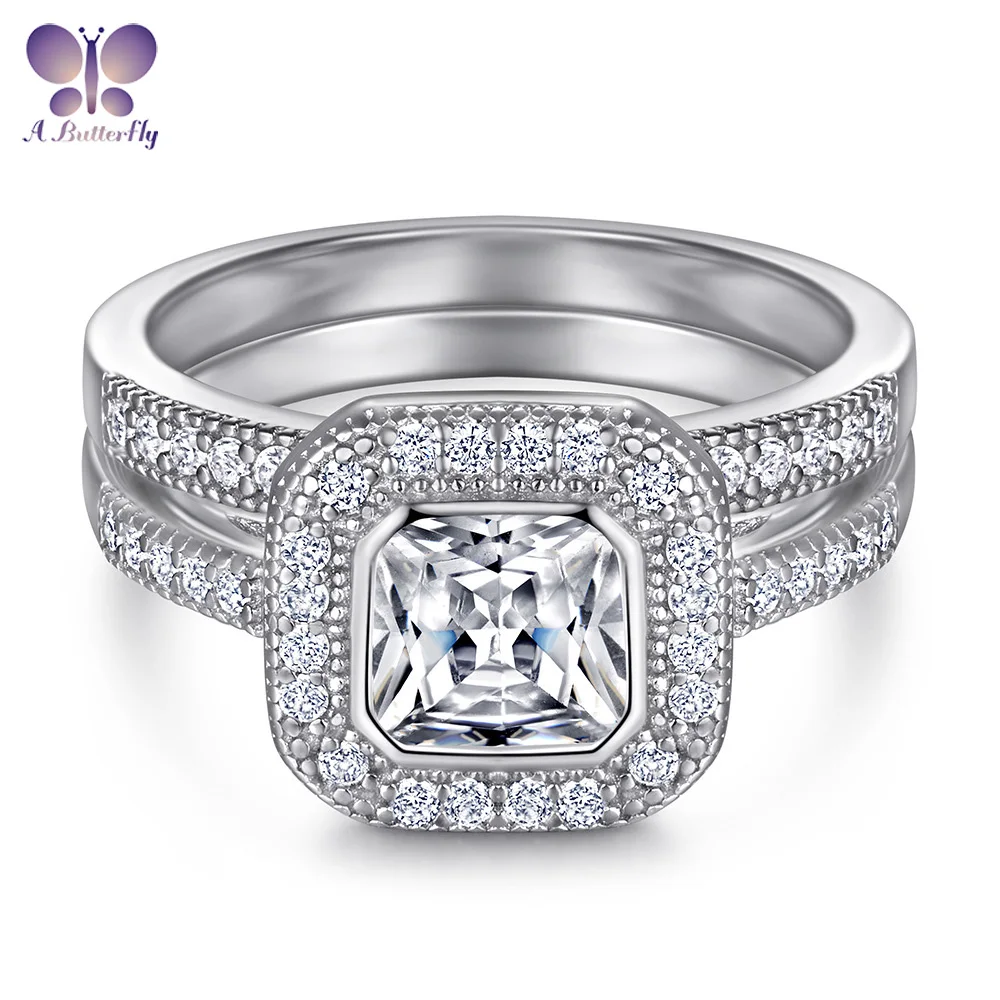 

925 Sterling Silver Simulation High Carbon Diamond 7*7 MM 1.5 Ct Cushion Cut Set Ring Quality Is Very Good