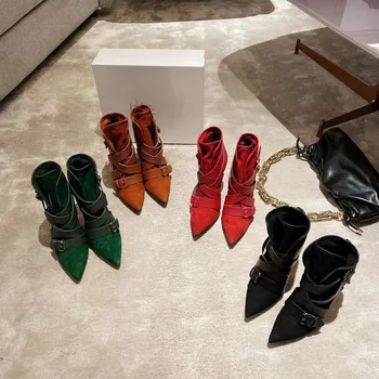 

Sexy Super High Heels Ankle Boots Women Suede Pointed Toe Buckle Strap Decor Genuine Leather 2020 New Luxury Brand Designer Shoe