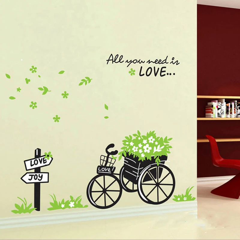 MAMALOOK Romantic Flower bike Love Wall Sticker Bedroom Living Room Background Home Decoration Stickers On Wall Mural Art Decals