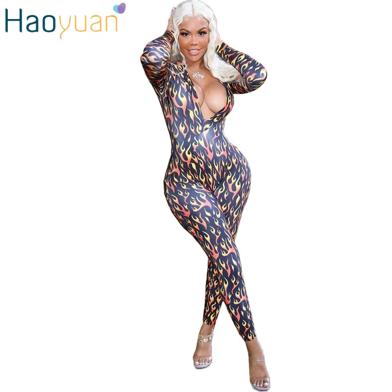 HAOYUAN огонь печати сексуальный комбинезон рейверская Праздничная Bodycon Комбинезоны уличная Цельный Наряд с длинным рукавом боди комбинезоны для женщин