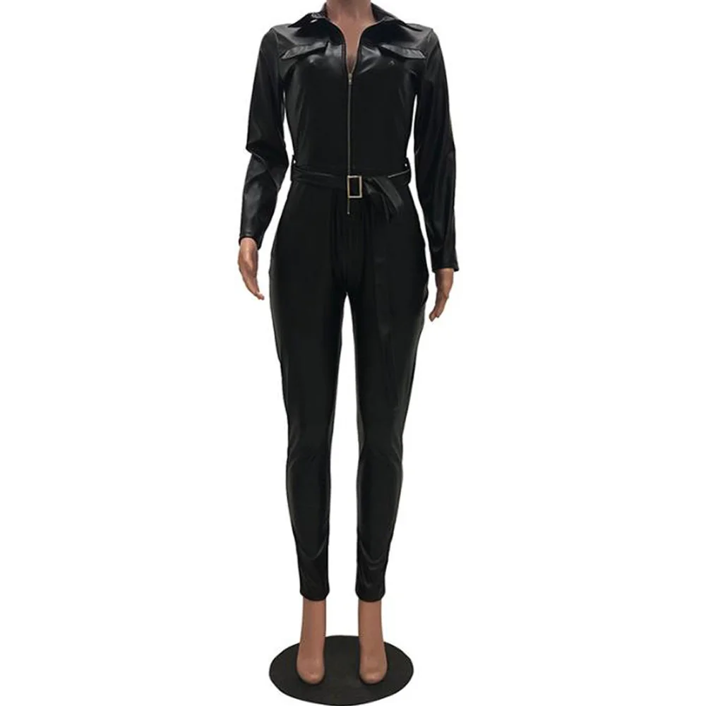 PU Leather Jumpsuit Women Overalls Turn Down Collar Zipper Bodycon