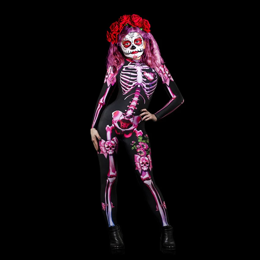 Halloween Scary Skeleton Jumpsuit for Adult and Kids Women Ghost Skull Cosplay Costumes for Children Girls Female Sexy Bodysuit