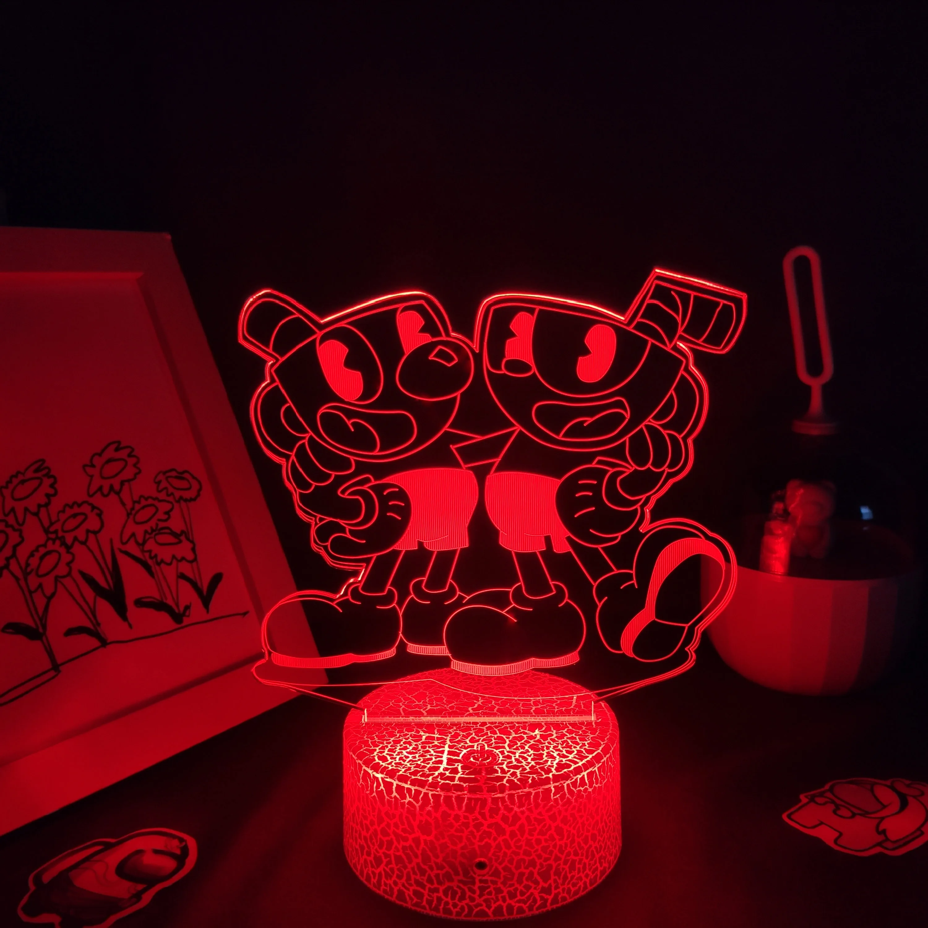 Cuphead Mugman ���� 3D Led ��� ���� RGB �׿� ���͸� �߰� ���� ģ�������� ���� ���� ���� �� ���̺� å�� ��ä�ο� ���