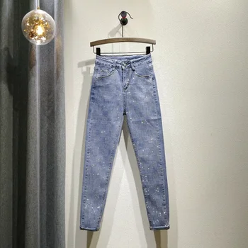 

Diamond Pattern Rhinestones Jeans Slimming Spring New Women's Elastic Pencil Pants Skinny High Waist Denim Pants Female