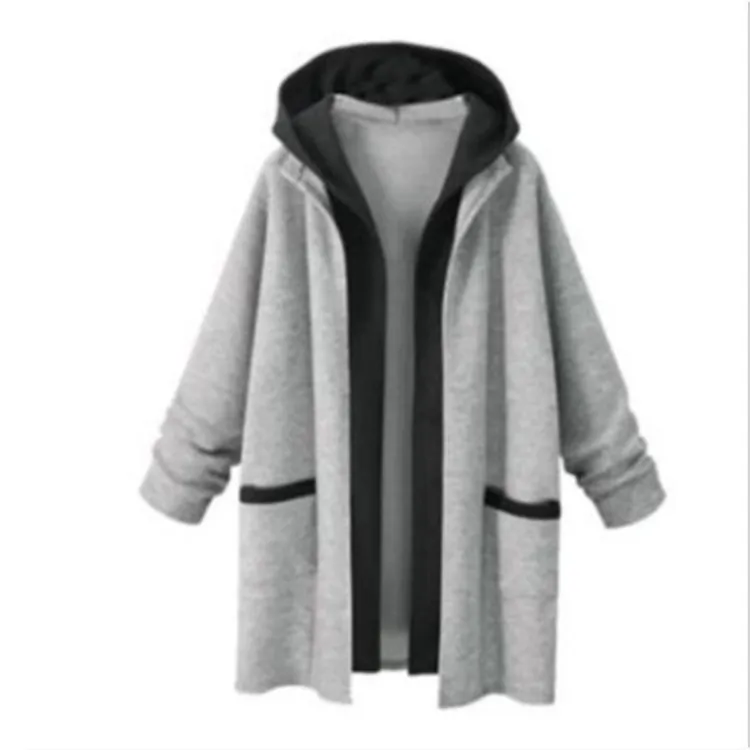 Vrouwen Dunne Grijs/Zwart Sweatshirts Lente Herfst Lange Mouw Losse Bovenkleding Toevallige Patchwork Hooded