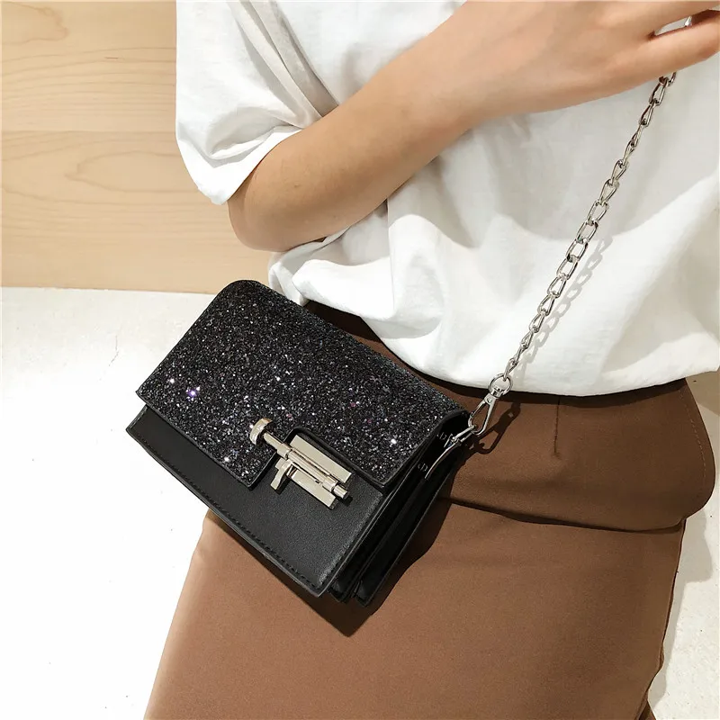 

Chain sequin women's bag 2019 new fashion Joker lock small square bag shoulder Messenger bag tide