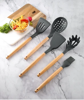 

8 Pcs/Set Silicone Kitchen Cooking Tools Cooking Sets Heat-resistant Utensils Set Spatula Shovel Soup Spoon with Wooden Handle
