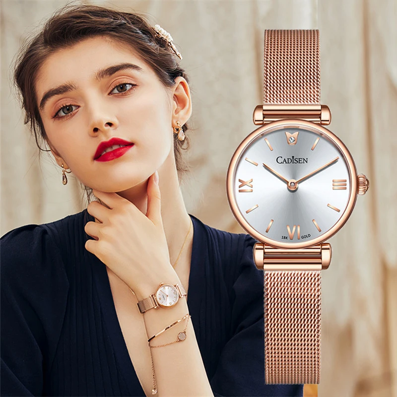 CADISEN 18K Золотые женские часы люксовый бренд из нержавеющей стали с сетчатым