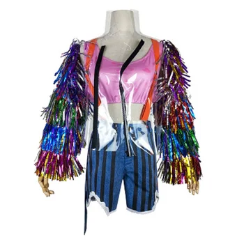 

Anime Suicide Squad Cosplay Harley Quinn Cosplay Costume Colorful Tassel Coat Fancy Halloween Costumes For Adult Women Cosplay