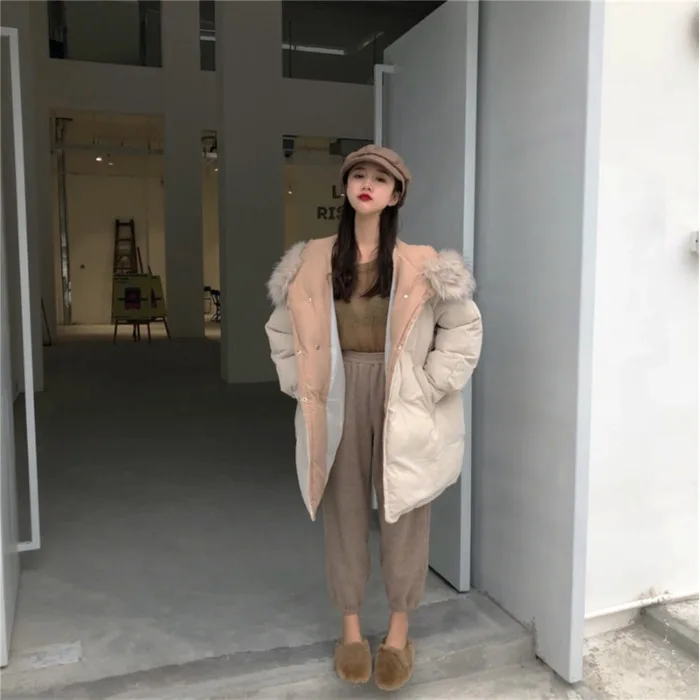 

2019 Autumn And Winter New Style Fashion Korean-style Loose-Fit Versatile Mid-length Cotton-padded Jacket Zipper Fur Collar Cott