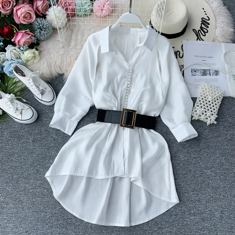 

Taotrees Autumn Women Solid Color Suit Collar Long Sleeve Waist Single Breasted Shirt