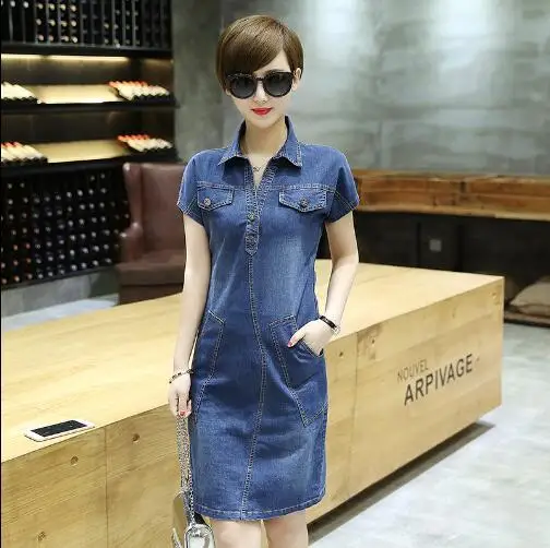 

Elegant XXXL Denim Dresses Female Vestido Turn Down Collar Jeans Dress Summer 2020 Denim Boho Knee-Length Simple Straight ZN24