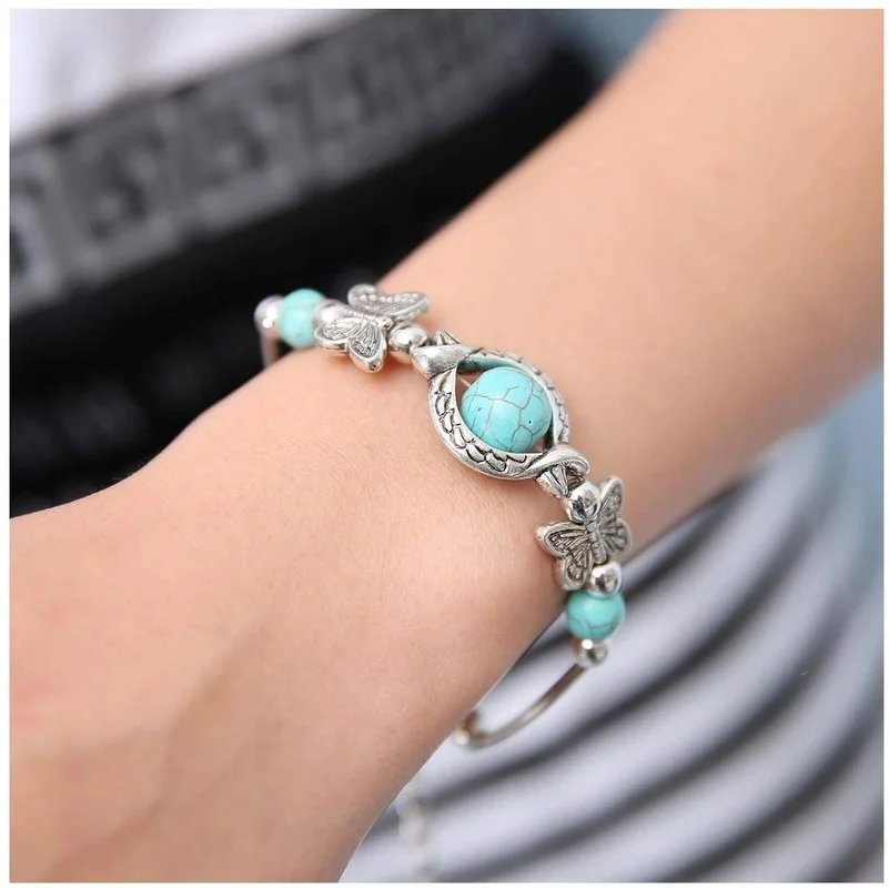 Vintage Bangle Jewelry Butterfly Turquoises Ball bead Bracelet for Women and Girls. | Украшения и аксессуары