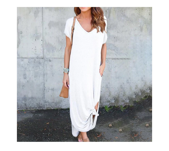 Robe,Robe longue Vintage à manches courtes pour femmes,couleur unie