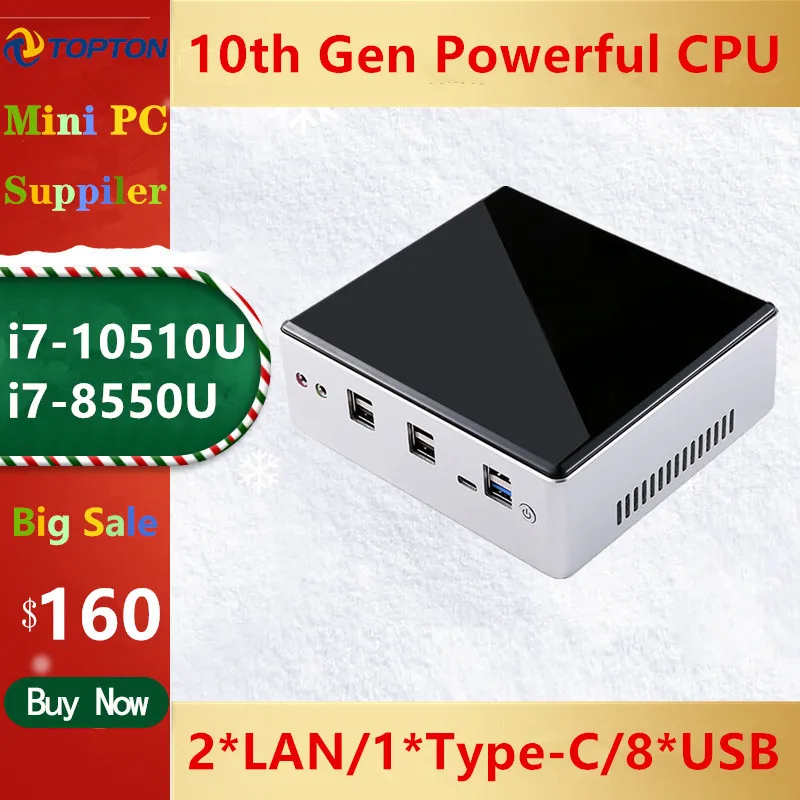 Topton más 10th Gen Mini PC Intel i7-10510U i5-10310U 4 Core 2 * DDR4 2 * Lans M.2 NVMe NUC computadora Win10 Pro WiFi USB-C DP HDMI