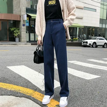 

2019 Autumn Winter Women Pants Wide Leg High Waist Elastic Straight Loose Casual Pockets Woolen Female Trousers P9260