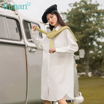 

INMAN 2020 Autumn New Arrival Shirt Long Loose Blouse Contrast Colour Cape Pure Cotton Long Sleeved Dress