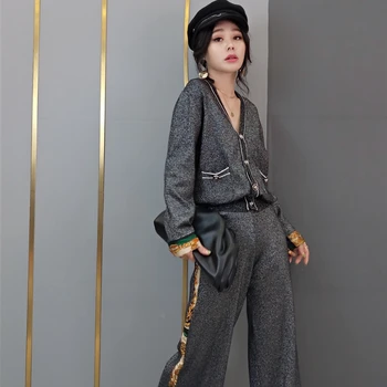 

CBAFU spring autumn loose knitted 2 piece sets chiffon patchwork cardigans sweater jacket wide legs pants suit women set F330