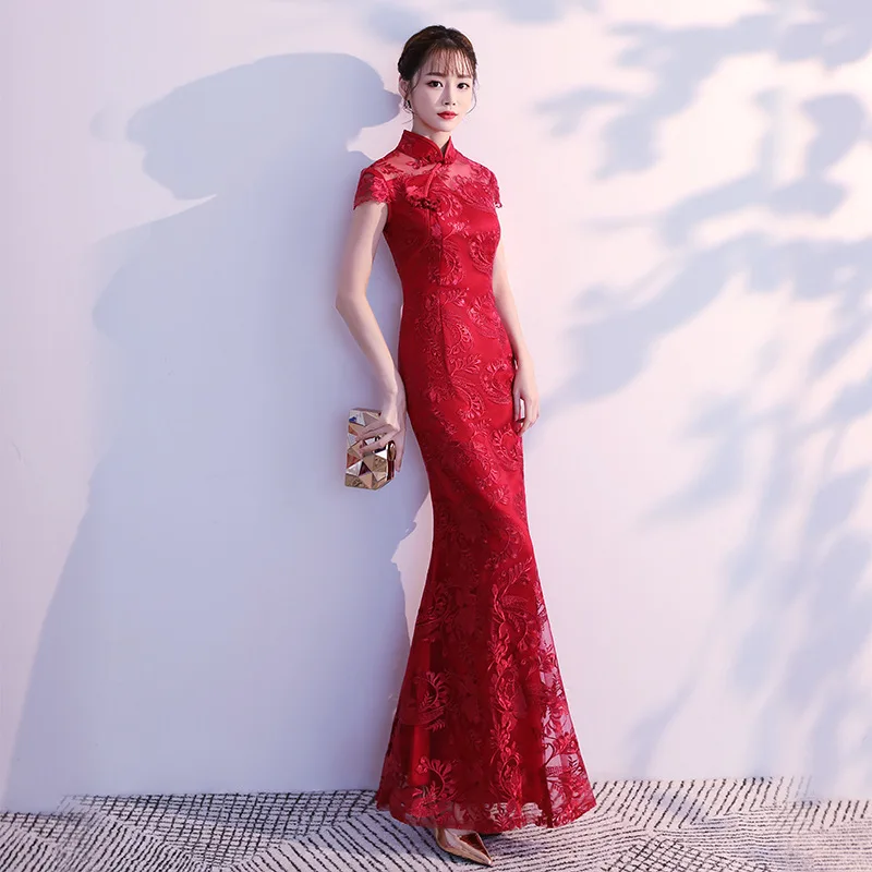 Chinese Dress Female Evening Dress Lace Mermaid Chinese Style Lady Cheongsam Long Tight Elegant Big Size 3XL Vintage Red Bride Wedding Qipao