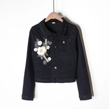 

2019 embroidered black denim jacket long sleeve new Korean version of the stretch slim slimming wild denim clothing ladies