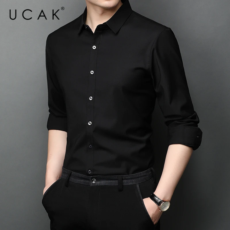 UCAK Brand Solid Color Shirts Men's Clothes Long Sleeve Turn-down Collar Shirt Spring Autumn Men Clothing hemise homme U6025