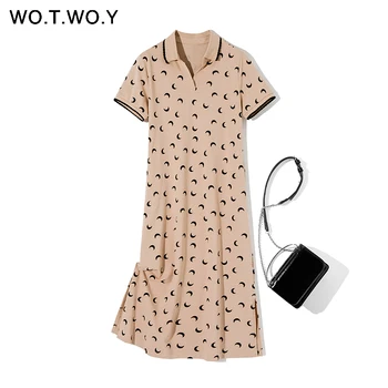 

WOTWOY Spring Moon Print Lace Polo Shirt Dresses Women 2020 Casual Cotton Long Straight Dress Lady Turn-down Collar Pockets
